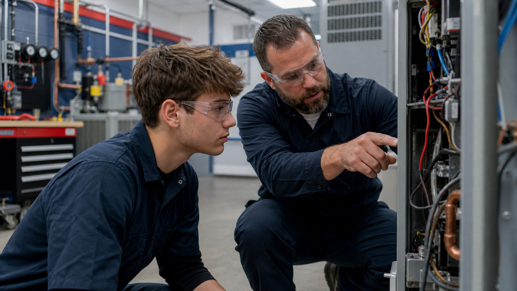 An apprentice and instructor examine HVAC equipment during hands-on training