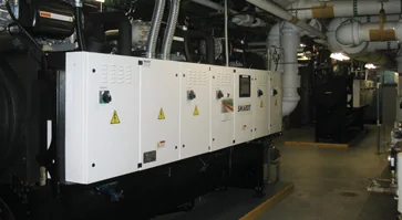 Chiller equipment and control cabinets inside the NFL Films mechanical room