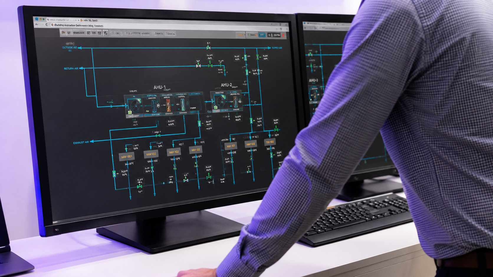 Technician monitoring a high school building automation system with HVAC controls, air handling units and temperature data displayed on screen.