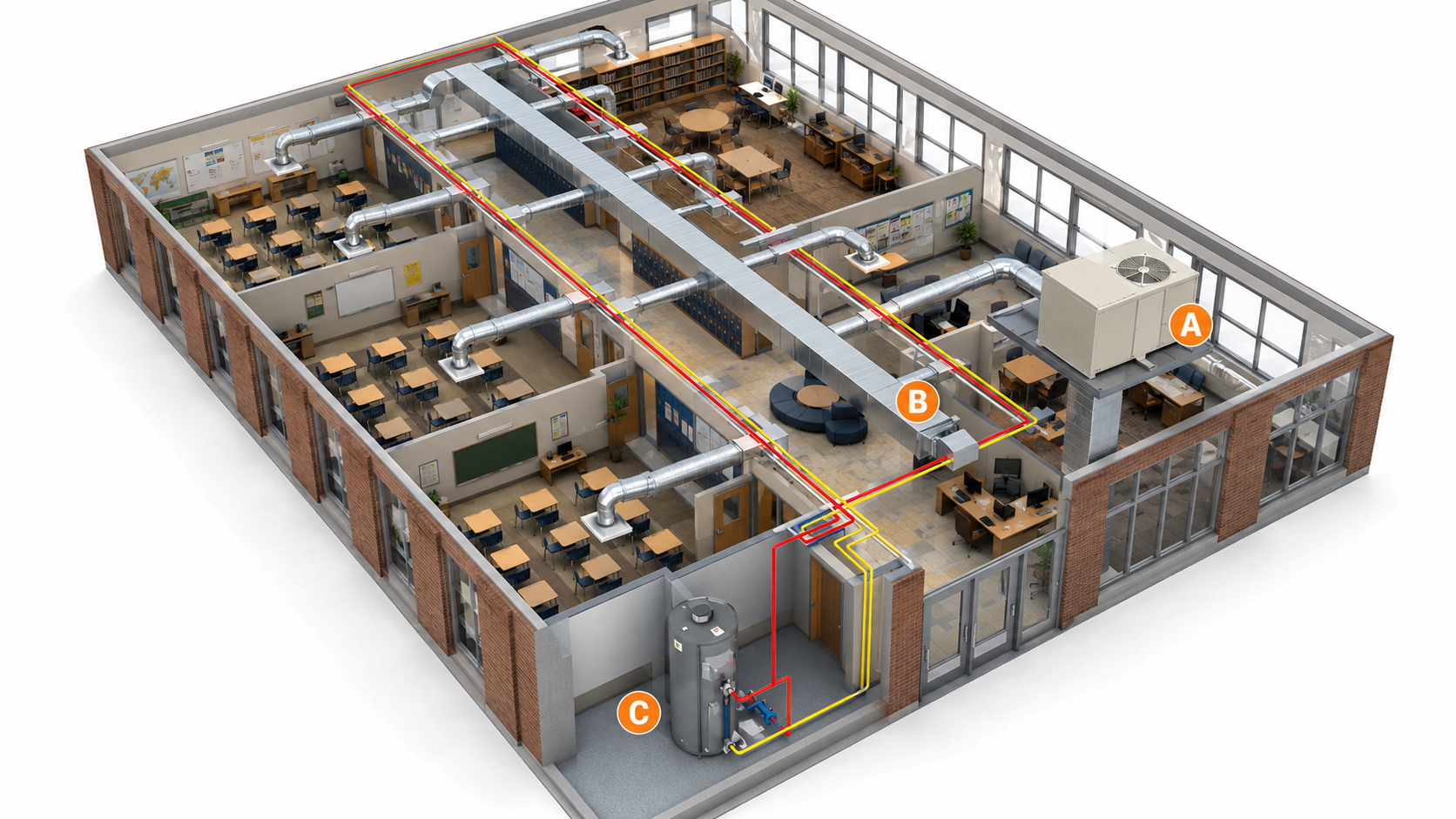 Cutaway diagram of a high school HVAC system showing ductwork, reheat piping and mechanical equipment used to control temperature and humidity