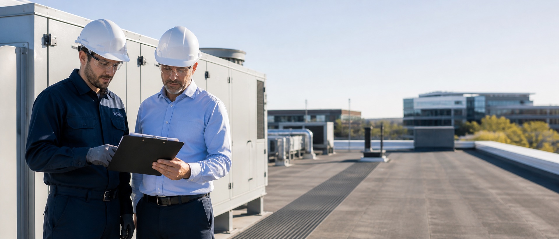 01-commercial-hvac-service-agreement Commercial HVAC technician and facility manager reviewing a service agreement beside rooftop equipment