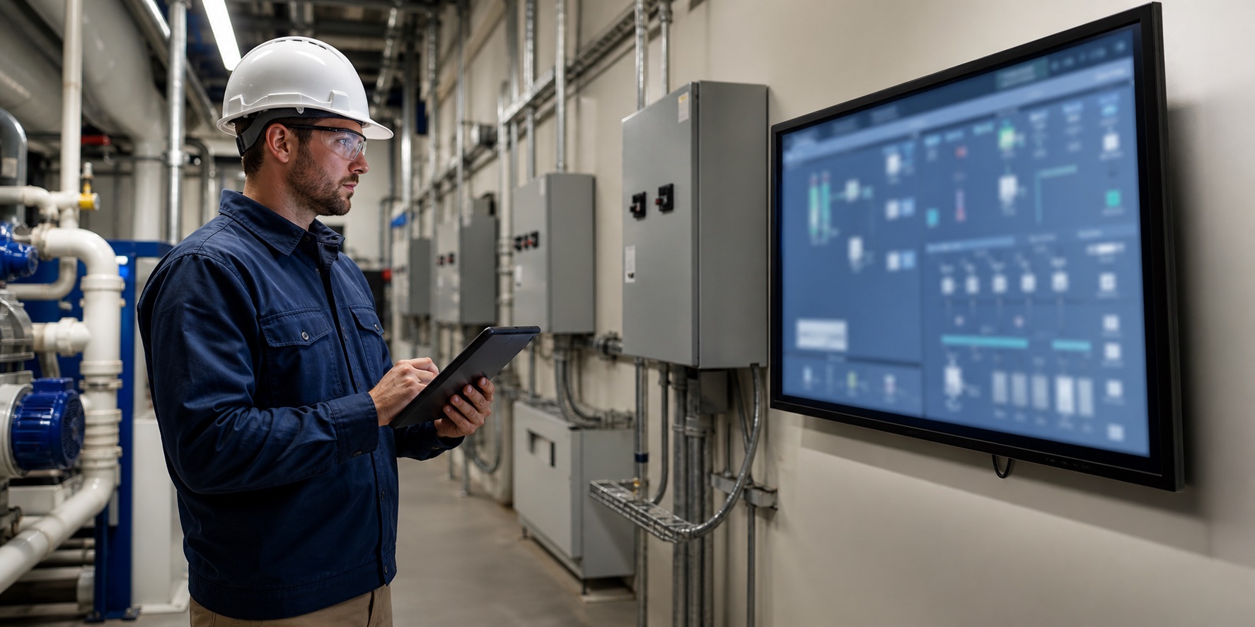 02-building-automation-cybersecurity Building automation engineer inspecting controls in a commercial mechanical room