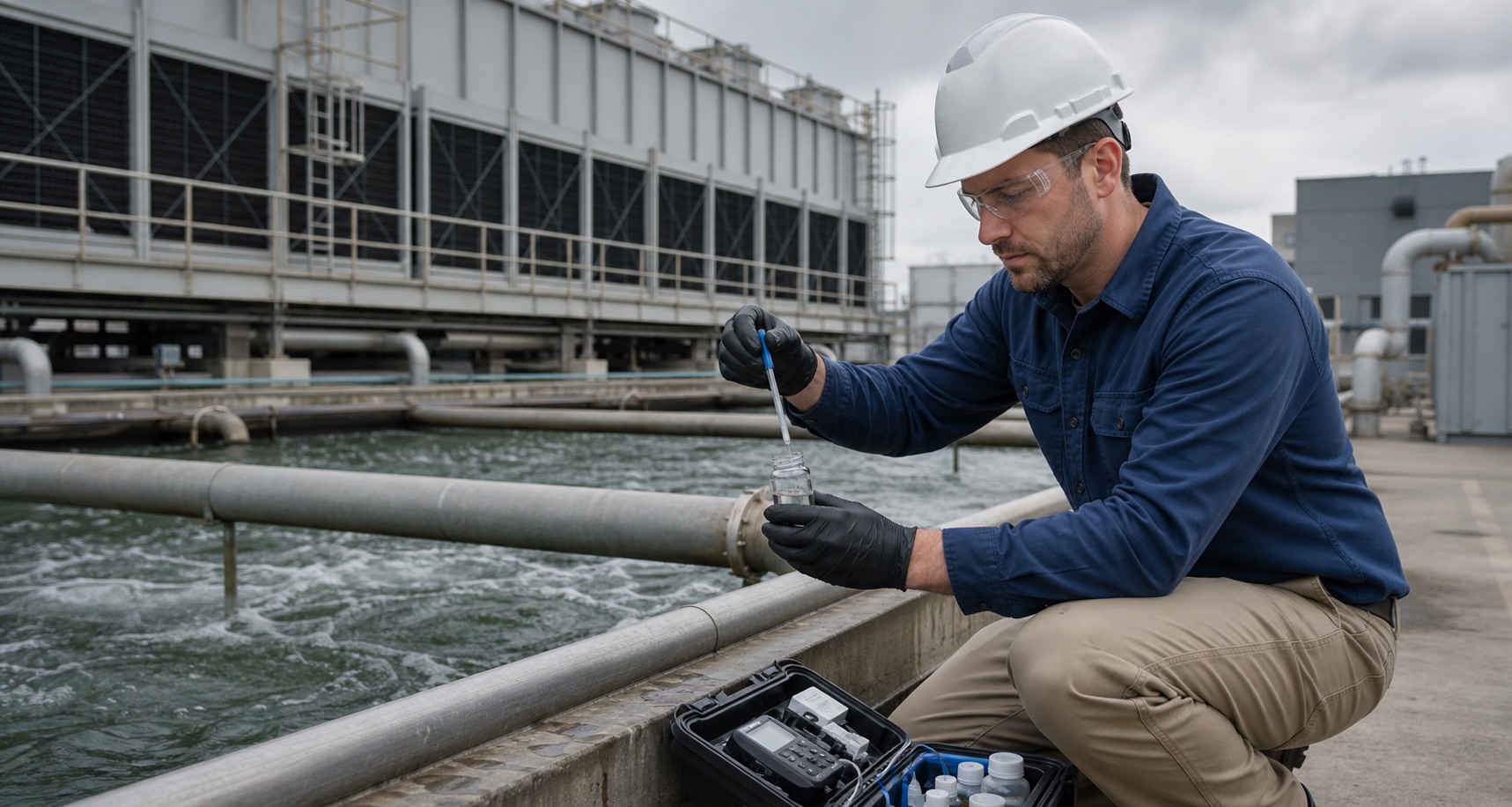 03-cooling-tower-water-treatment Technician collecting a cooling tower water sample at a commercial facility