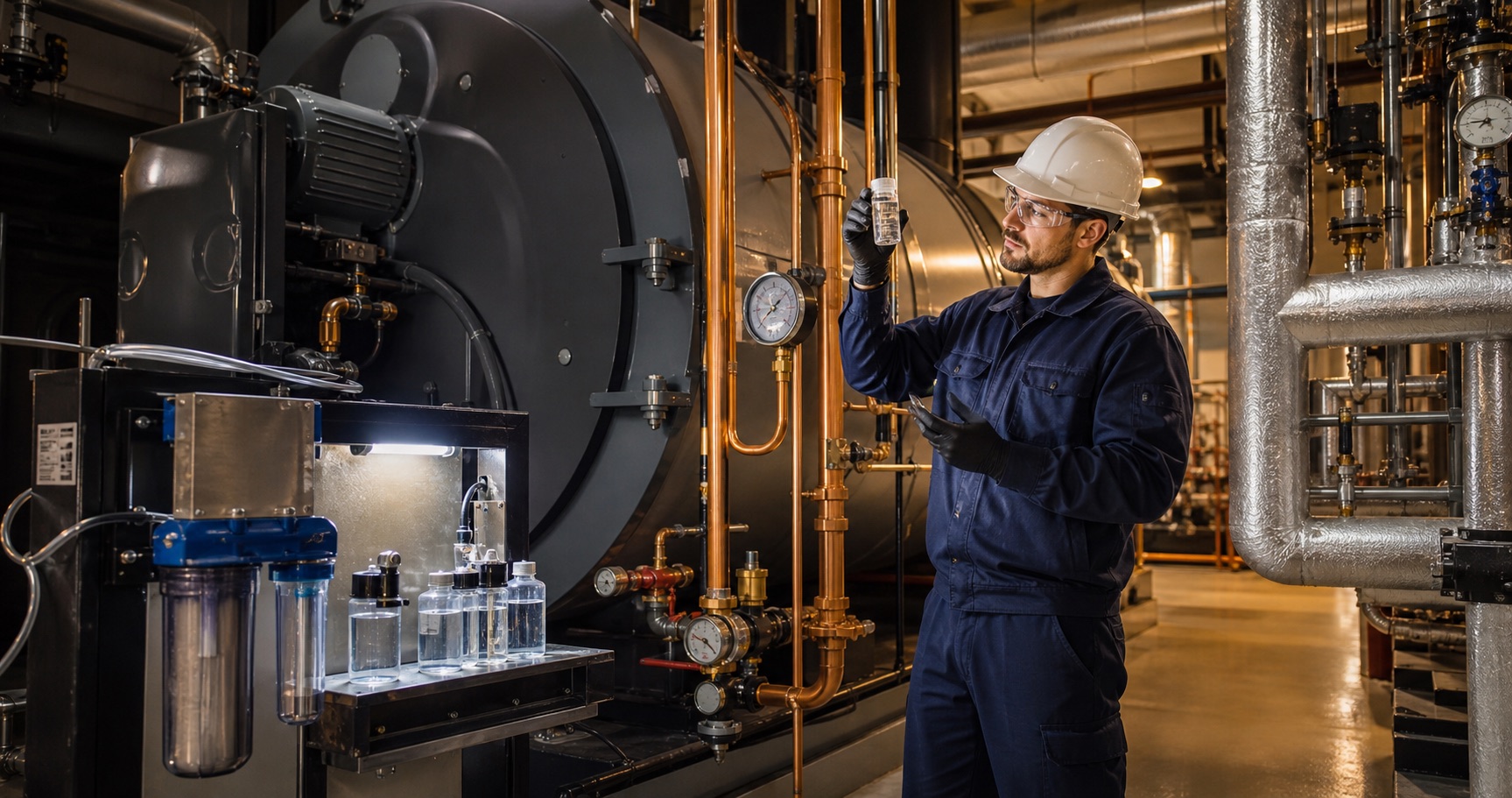 Water treatment specialist checking a boiler system sample in a central plant
