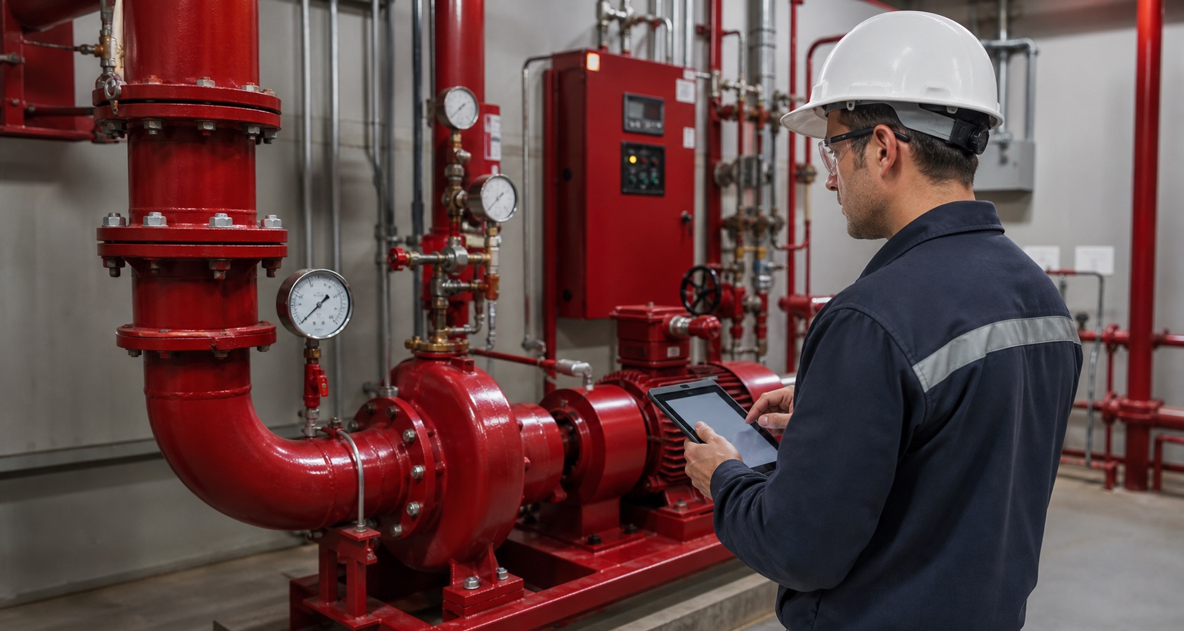 Technician documenting readings during a commercial fire pump inspection
