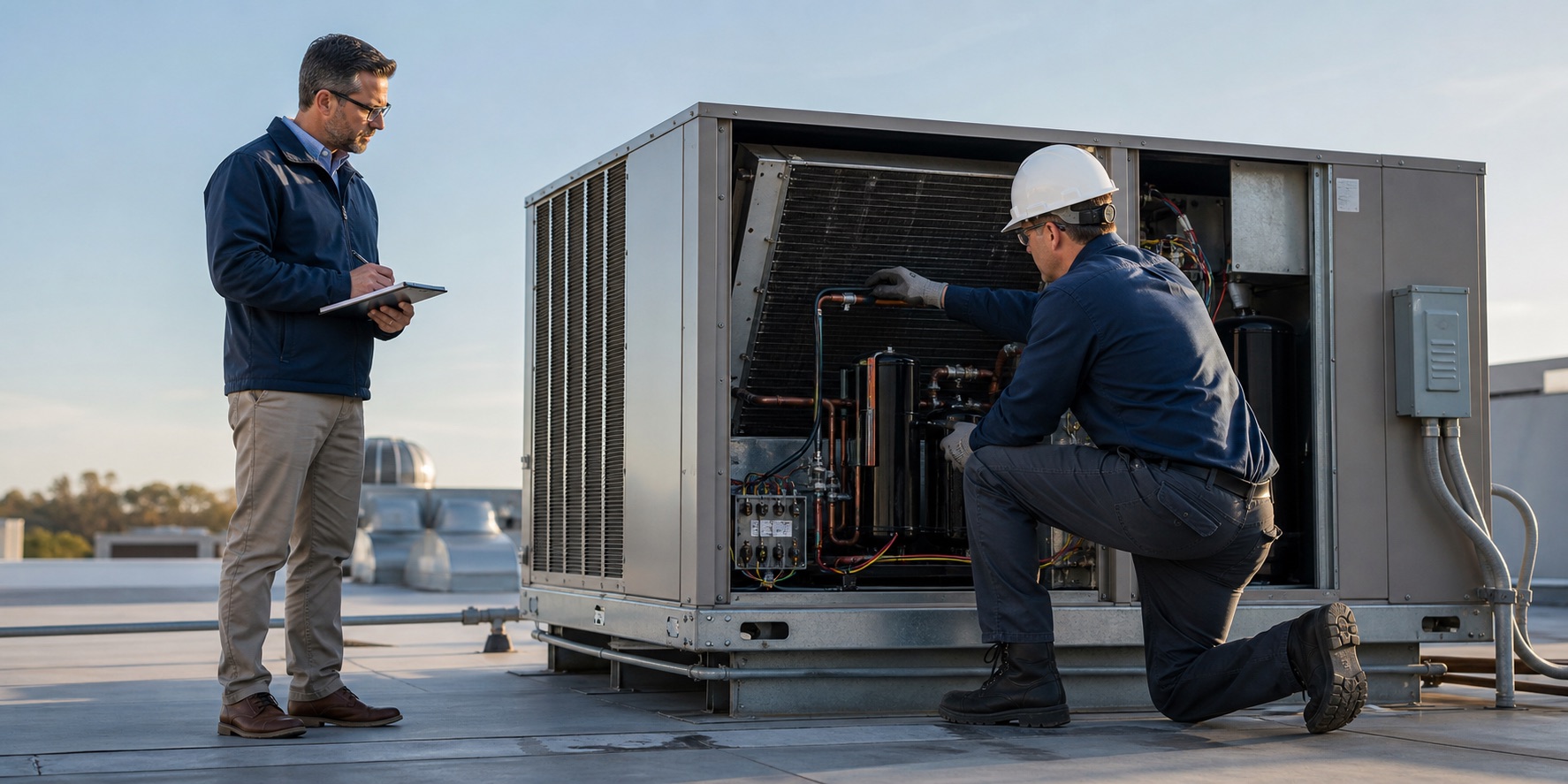 07-commercial-rooftop-unit-repair-or-replace HVAC technician and facility manager evaluating a commercial rooftop unit