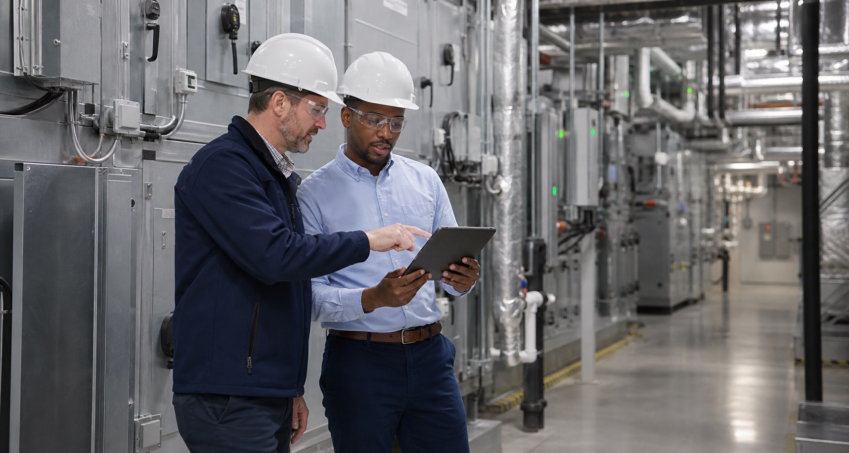 Facility engineers conducting a commercial building retro-commissioning walkthrough