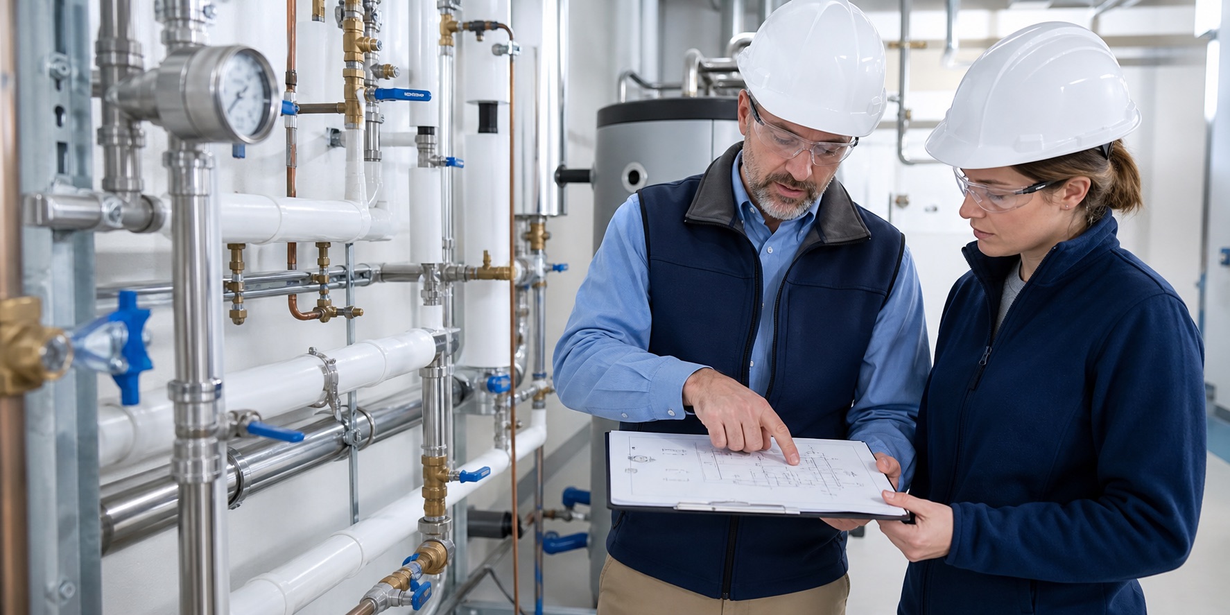 Healthcare facility water management team reviewing a building water system