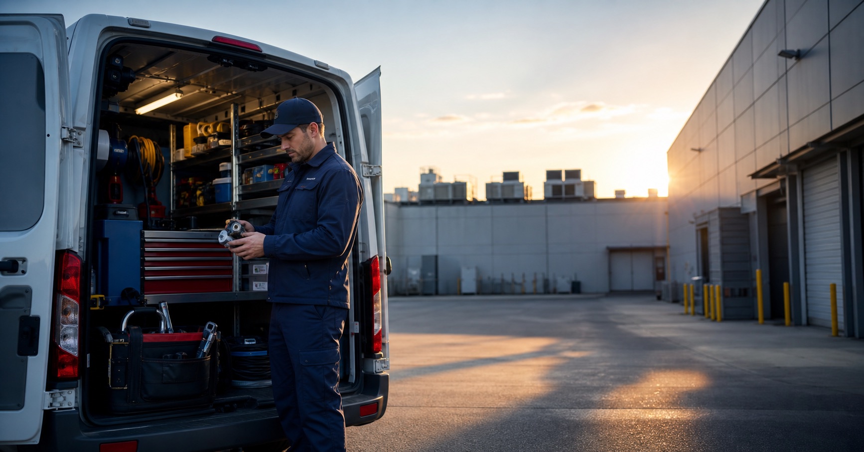 10-emergency-commercial-hvac-repair Commercial HVAC service technician preparing tools for emergency response