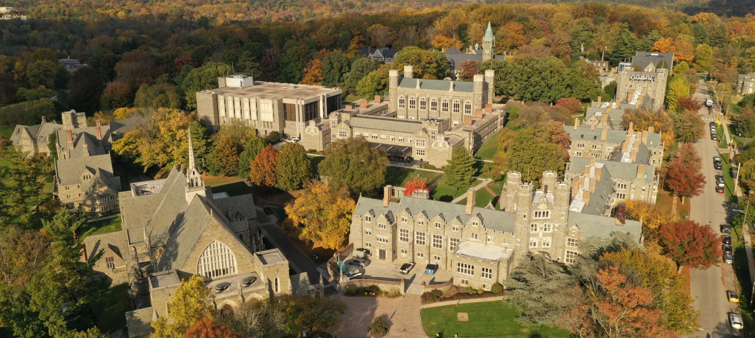 Aerial view of the Bryn Mawr College campus, where the staged controls modernization connected building systems across a 50-building, 120-acre environment.